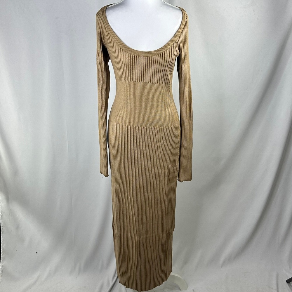 Mable Women Medium Maxi Sweater Dress Tan Ribbed Knit Scoop Neck Bodycon NWT
